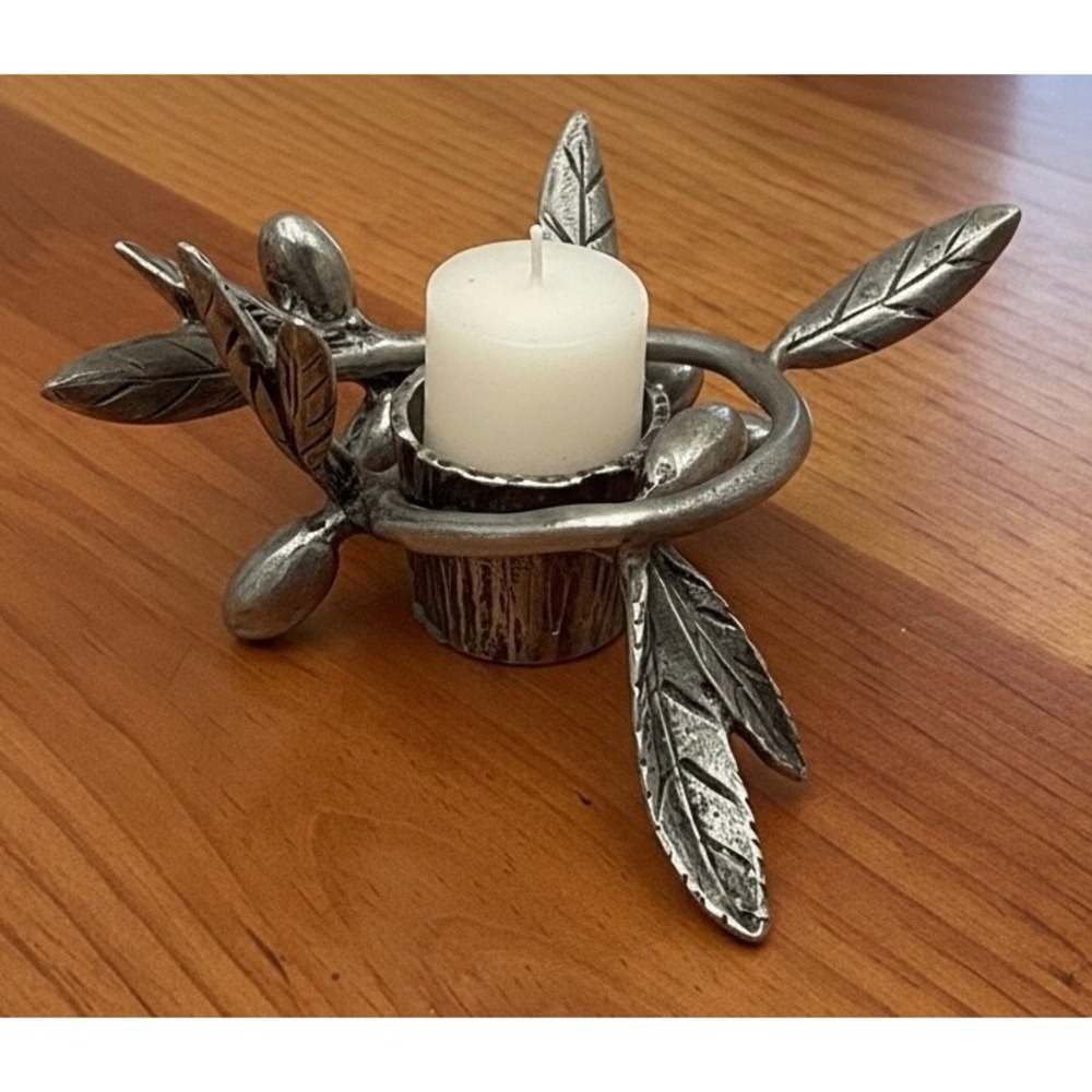 Vintage 95% Pewter Olive Branch Votive Candle Holder Silver Tone Botanical Decor